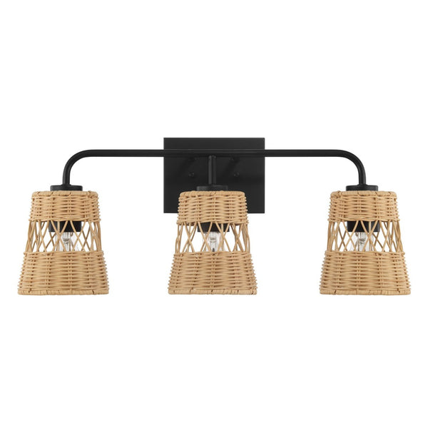 English Elm Moonlit Three Light Rattan Wall Sconce Black Metal Frame Farmhouse Vanity Fixture B183P230910