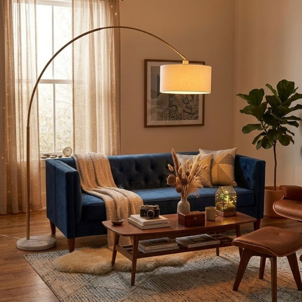 English Elm Ambient Gold Brass Arc Floor Lamp with Oversized Linen Shade for Living Rooms B183P231745