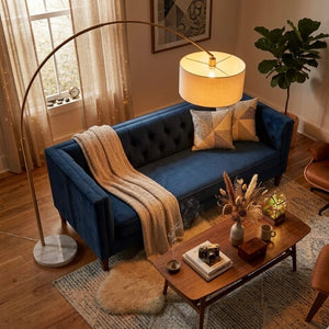 English Elm Ambient Gold Brass Arc Floor Lamp with Oversized Linen Shade for Living Rooms B183P231745