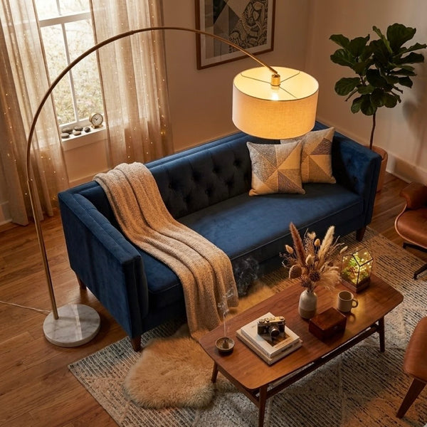 English Elm Ambient Gold Brass Arc Floor Lamp with Oversized Linen Shade for Living Rooms B183P231745