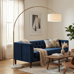 English Elm Ambient Gold Brass Arc Floor Lamp with Oversized Linen Shade for Living Rooms B183P231745