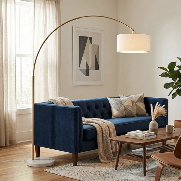English Elm Ambient Gold Brass Arc Floor Lamp with Oversized Linen Shade for Living Rooms B183P231745