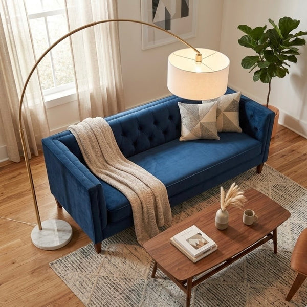 English Elm Ambient Gold Brass Arc Floor Lamp with Oversized Linen Shade for Living Rooms B183P231745