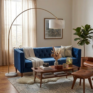 English Elm Ambient Gold Brass Arc Floor Lamp with Oversized Linen Shade for Living Rooms B183P231745