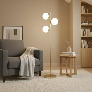 English Elm Brilliance Three Light Floor Lamp Brushed Gold Pole Opal Glass Shades Living Room B183P231757