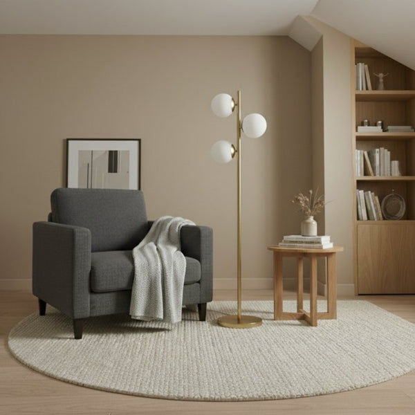 English Elm Brilliance Three Light Floor Lamp Brushed Gold Pole Opal Glass Shades Living Room B183P231757