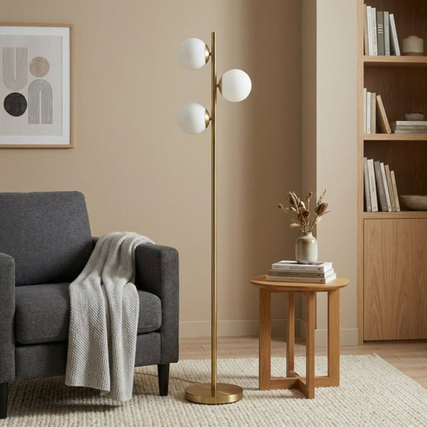 English Elm Brilliance Three Light Floor Lamp Brushed Gold Pole Opal Glass Shades Living Room B183P231757