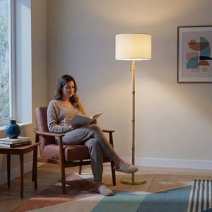 English Elm Stellar Rattan Wood Column Floor Lamp with Brass Base and Soft Linen Shade B183P231760