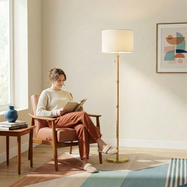 English Elm Stellar Rattan Wood Column Floor Lamp with Brass Base and Soft Linen Shade B183P231760