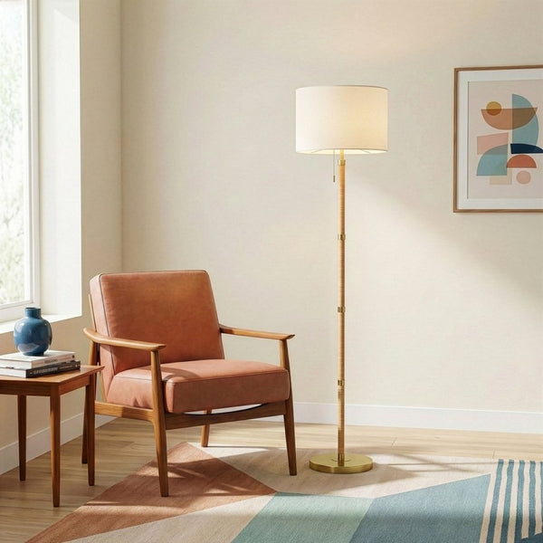 English Elm Stellar Rattan Wood Column Floor Lamp with Brass Base and Soft Linen Shade B183P231760