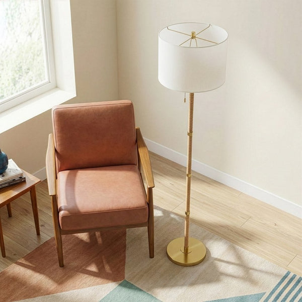 English Elm Stellar Rattan Wood Column Floor Lamp with Brass Base and Soft Linen Shade B183P231760