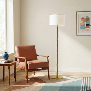 English Elm Stellar Rattan Wood Column Floor Lamp with Brass Base and Soft Linen Shade B183P231760