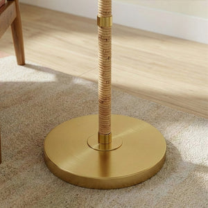 English Elm Stellar Rattan Wood Column Floor Lamp with Brass Base and Soft Linen Shade B183P231760