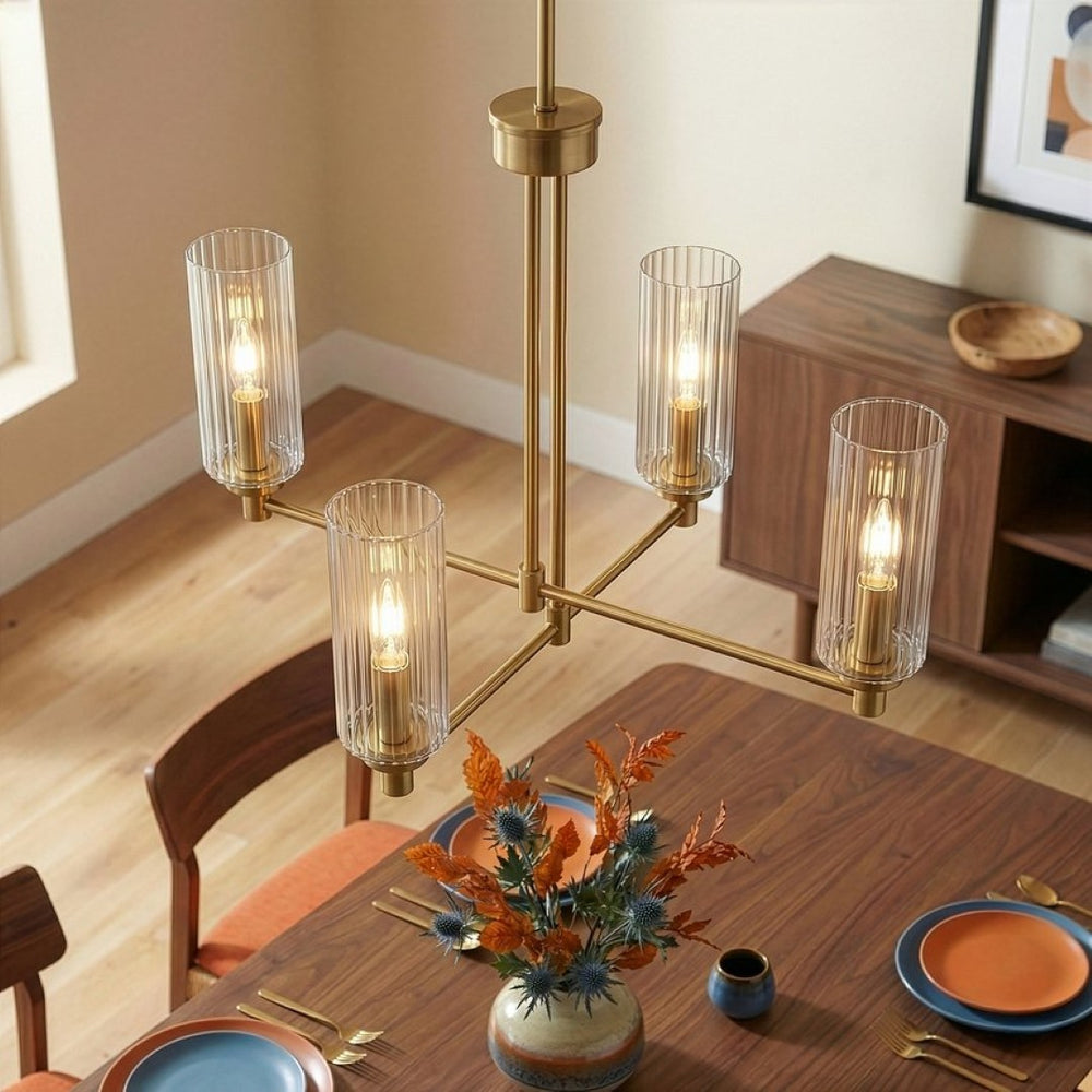 English Elm Enigma Four Light Satin Brass Chandelier with Sculptural Ribbed Glass Dining Room Pendant B183P231767