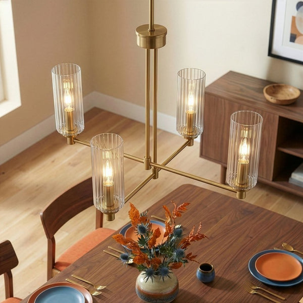 English Elm Enigma Four Light Satin Brass Chandelier with Sculptural Ribbed Glass Dining Room Pendant B183P231767