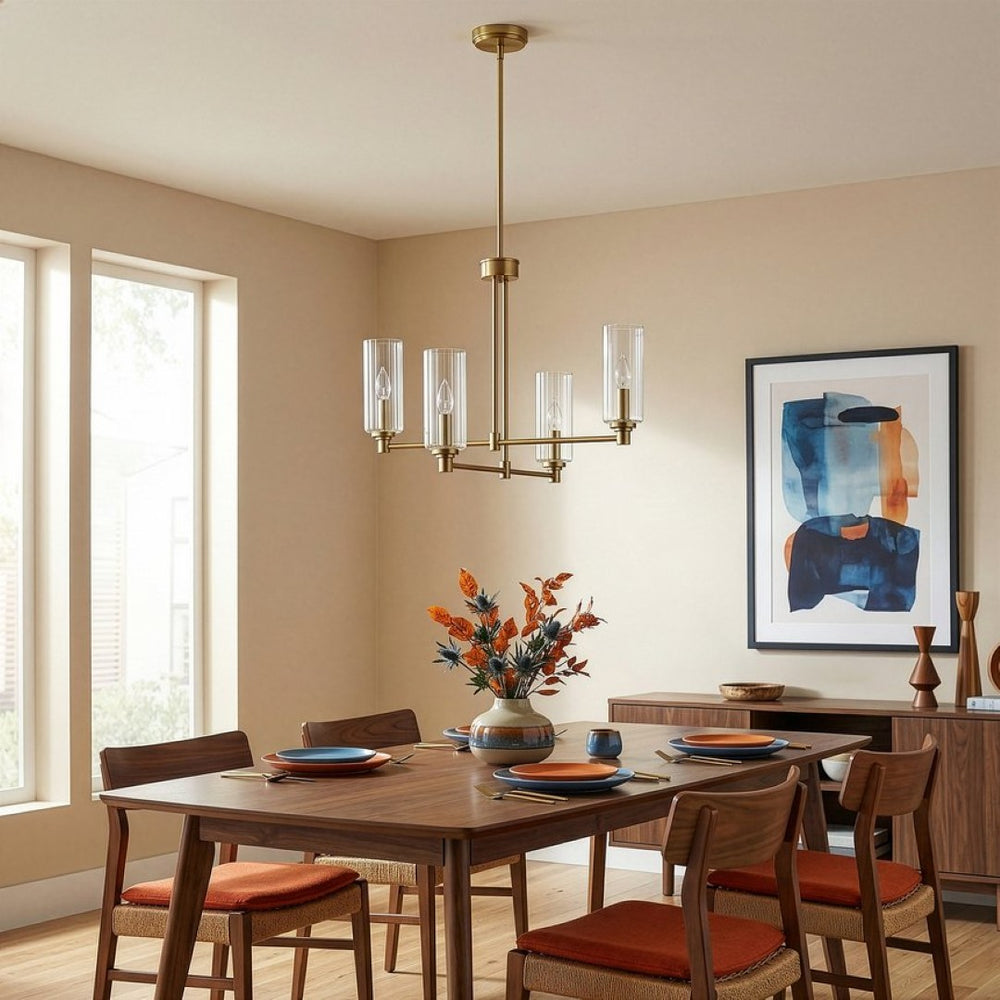 English Elm Enigma Four Light Satin Brass Chandelier with Sculptural Ribbed Glass Dining Room Pendant B183P231767