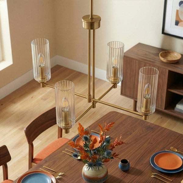 English Elm Enigma Four Light Satin Brass Chandelier with Sculptural Ribbed Glass Dining Room Pendant B183P231767