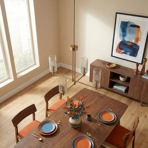 English Elm Enigma Four Light Satin Brass Chandelier with Sculptural Ribbed Glass Dining Room Pendant B183P231767