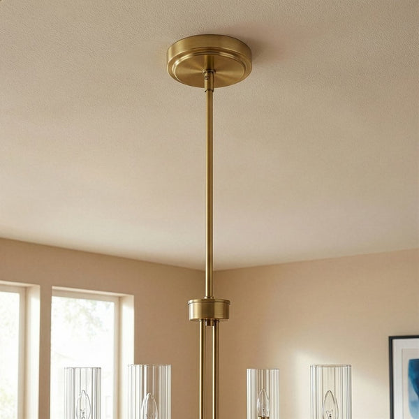 English Elm Enigma Four Light Satin Brass Chandelier with Sculptural Ribbed Glass Dining Room Pendant B183P231767