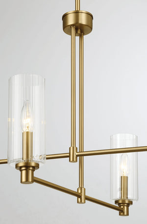English Elm Enigma Four Light Satin Brass Chandelier with Sculptural Ribbed Glass Dining Room Pendant B183P231767