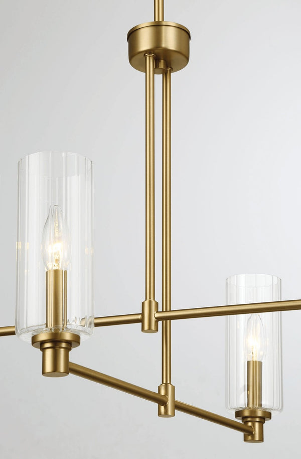English Elm Enigma Four Light Satin Brass Chandelier with Sculptural Ribbed Glass Dining Room Pendant B183P231767