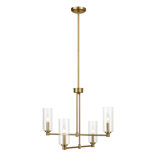 English Elm Enigma Four Light Satin Brass Chandelier with Sculptural Ribbed Glass Dining Room Pendant B183P231767