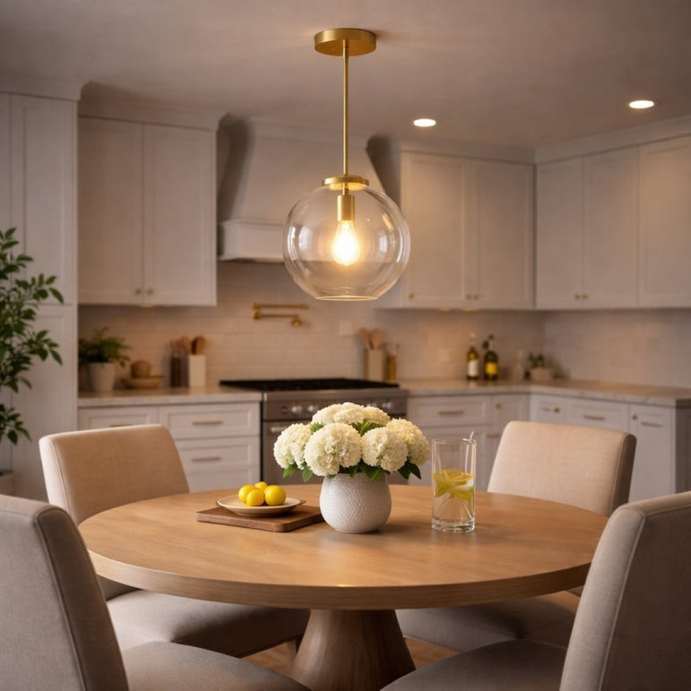 English Elm Gleam Globe Pendant Light with Satin Brass Hardware for Kitchen or Entryway B183P231770