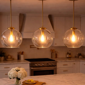 English Elm Gleam Globe Pendant Light with Satin Brass Hardware for Kitchen or Entryway B183P231770
