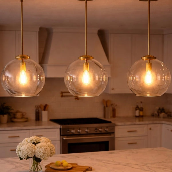 English Elm Gleam Globe Pendant Light with Satin Brass Hardware for Kitchen or Entryway B183P231770