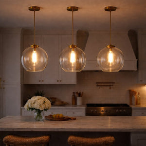 English Elm Gleam Globe Pendant Light with Satin Brass Hardware for Kitchen or Entryway B183P231770