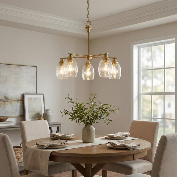 English Elm Elegance Five Arm Brass Chandelier with Clear Water Glass Shades for Dining Rooms B183P231790