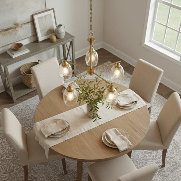 English Elm Elegance Five Arm Brass Chandelier with Clear Water Glass Shades for Dining Rooms B183P231790
