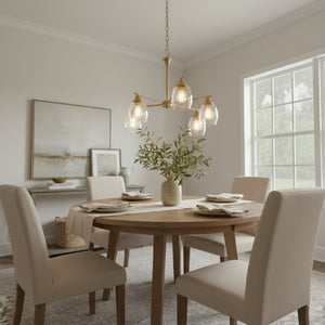 English Elm Elegance Five Arm Brass Chandelier with Clear Water Glass Shades for Dining Rooms B183P231790