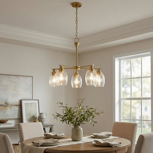 English Elm Elegance Five Arm Brass Chandelier with Clear Water Glass Shades for Dining Rooms B183P231790