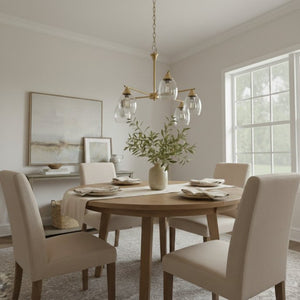 English Elm Elegance Five Arm Brass Chandelier with Clear Water Glass Shades for Dining Rooms B183P231790