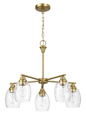English Elm Elegance Five Arm Brass Chandelier with Clear Water Glass Shades for Dining Rooms B183P231790