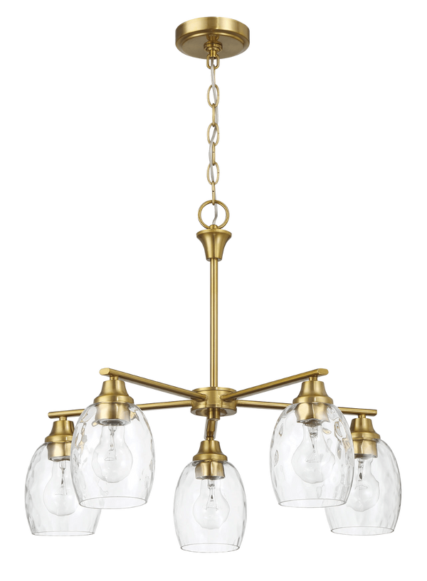 English Elm Elegance Five Arm Brass Chandelier with Clear Water Glass Shades for Dining Rooms B183P231790
