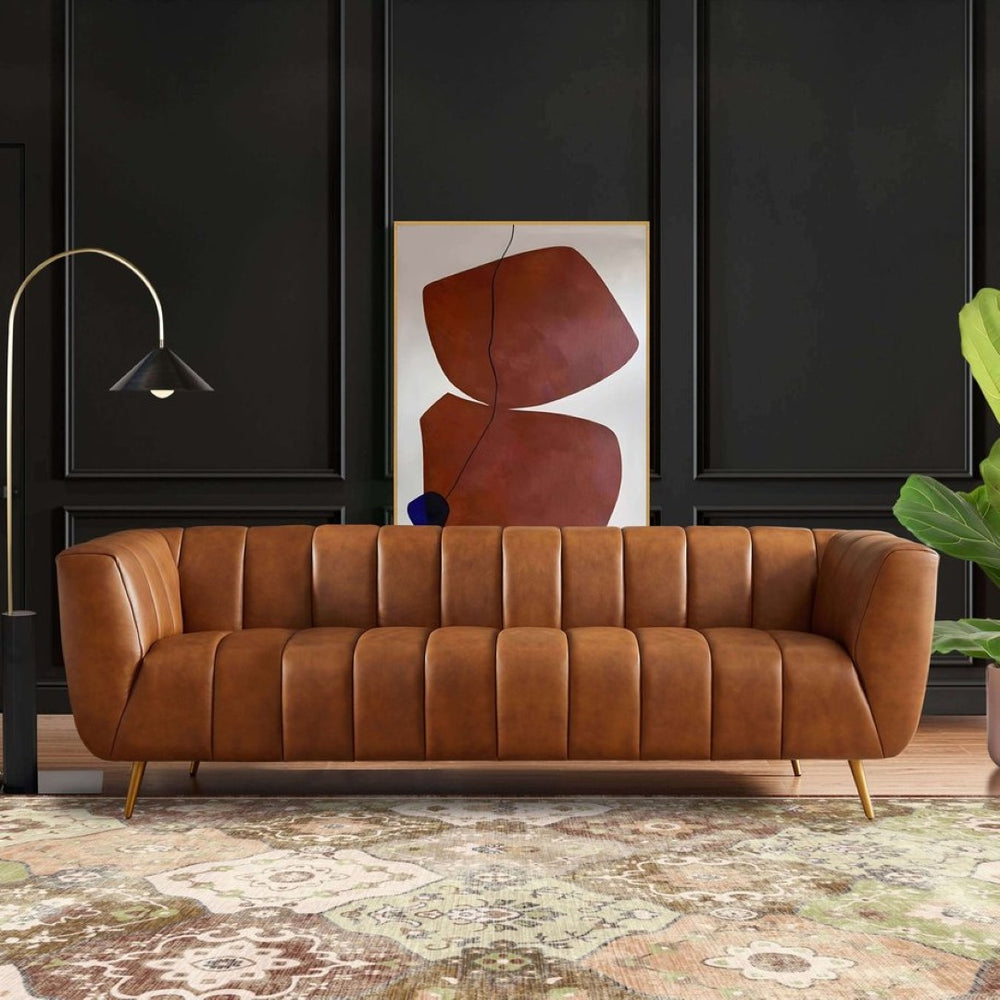 English Elm Ava Italian Leather Sofa with Channel Tufted Back and Gold Leg Accent B183P231821