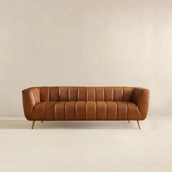 English Elm Ava Italian Leather Sofa with Channel Tufted Back and Gold Leg Accent B183P231821