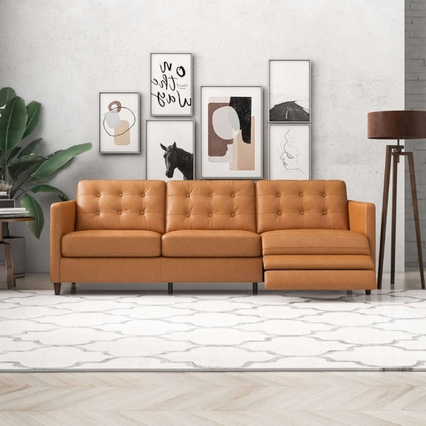 English Elm Christopher Tan Full Grain Leather Power Reclining Sofa Mid Century Modern Living Room B183P231831