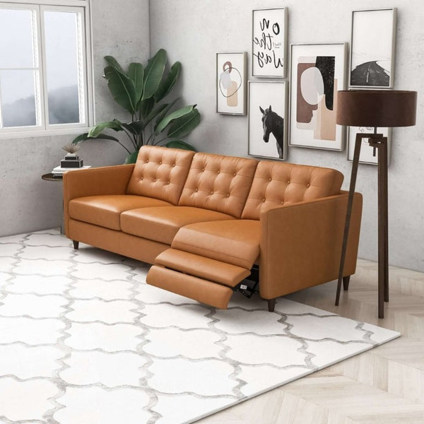 English Elm Christopher Tan Full Grain Leather Power Reclining Sofa Mid Century Modern Living Room B183P231831