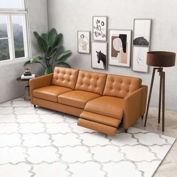 English Elm Christopher Tan Full Grain Leather Power Reclining Sofa Mid Century Modern Living Room B183P231831