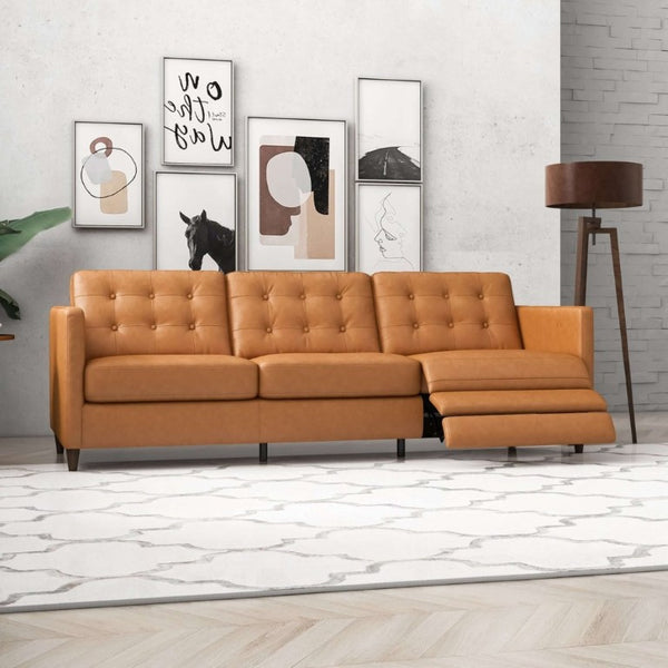 English Elm Christopher Tan Full Grain Leather Power Reclining Sofa Mid Century Modern Living Room B183P231831