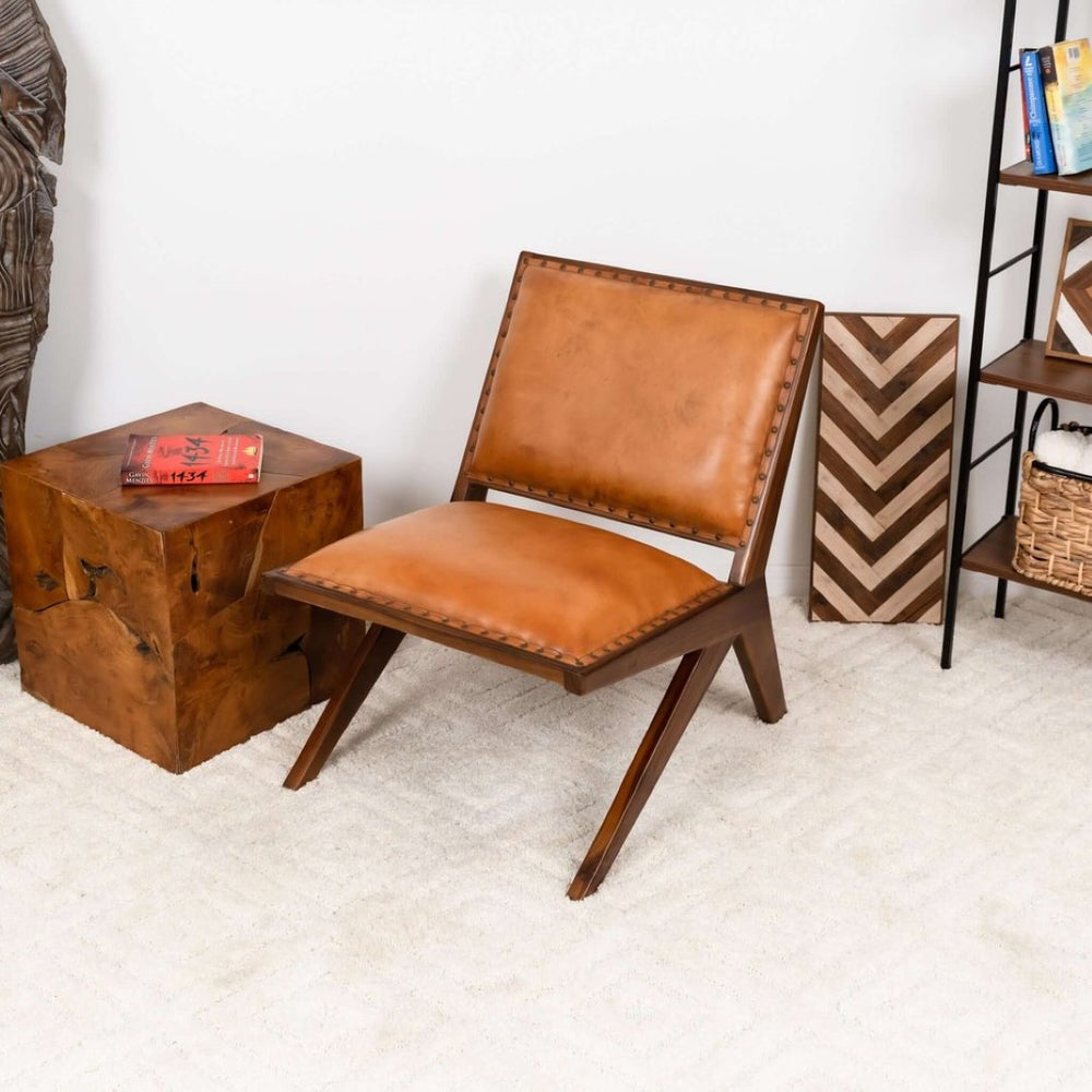 English Elm Colin Genuine Leather Lounge Chair Tufted Mid-century Style with Tapered Walnut Legs B183P231836