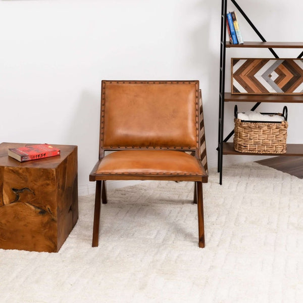 English Elm Colin Genuine Leather Lounge Chair Tufted Mid-century Style with Tapered Walnut Legs B183P231836