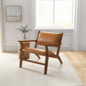 English Elm Hendrix Genuine Leather Lounge Chair with Walnut Tapered Legs Mid-century Living Room Seat B183P231843