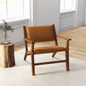 English Elm Hendrix Genuine Leather Lounge Chair with Walnut Tapered Legs Mid-century Living Room Seat B183P231843