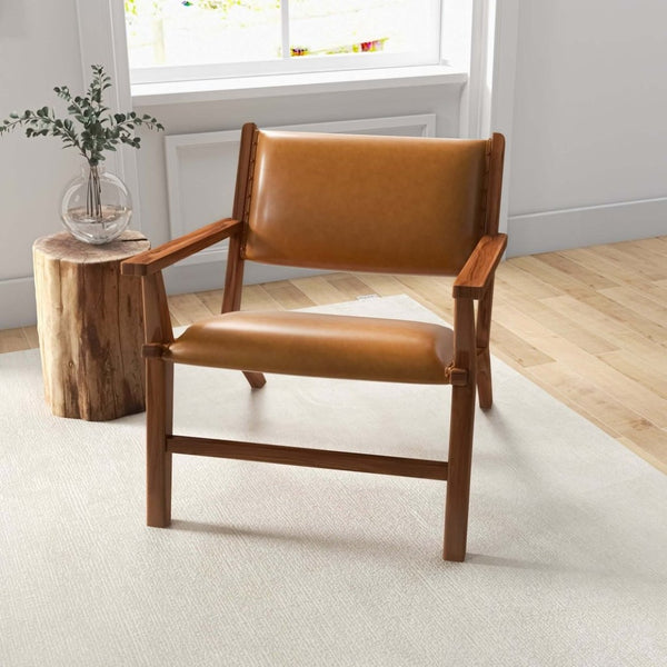 English Elm Hendrix Genuine Leather Lounge Chair with Walnut Tapered Legs Mid-century Living Room Seat B183P231843