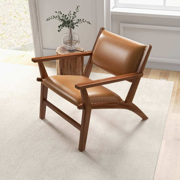 English Elm Hendrix Genuine Leather Lounge Chair with Walnut Tapered Legs Mid-century Living Room Seat B183P231843