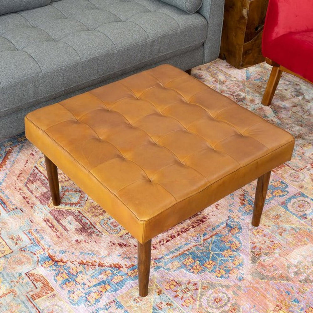 English Elm Mark Genuine Leather Button Tufted Square Ottoman Mid Century Modern Living Room B183P231901